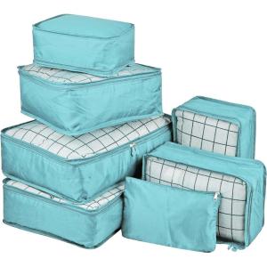 imageVercord 7 Set Travel Packing Organizers Cubes Luggage Suitcase Organizer Bags Clothes Underwear Cube Shoe Pouch Pack Pink LeopardColor Blue