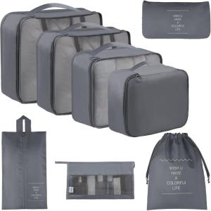 imageVercord 8 Set Travel Packing Pods Luggage Organizers Cubes with Laundry Bags AccessoriesGrey8set