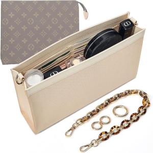 imageVercord Purse Insert Organizer 26 Toiletry Pouch Insert with Leopard Acrylic Chain Strap Beige LLarge