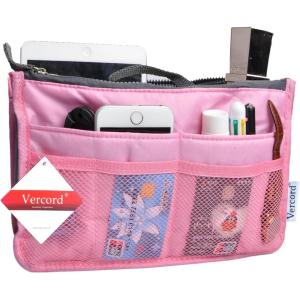 imageVercord Purse Organizer Insert for Handbags Bag Organizers Inside Tote Pocketbook Women Nurse Nylon 13 Pockets Black SmallPink