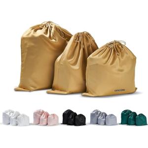 imageVercord Travel Shoe Bag Dust Handbag Storage Thick Emulation Silk Fabric Set of 3 with Drawstring Gold