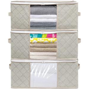 imageVercord Underbed Storage Bag Closet Organizers Bins Clothes Storage Baskets Foldable Containers Bedroom 3 Pack with Clear Window Handles Beige