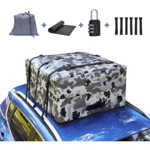 imageVercord Waterproof Rooftop Cargo Bag Car Top Carrier 14 Cubic Feet AntiTear 500D PVC with Protective Mat Luggage Lock 6 Door Hook Camouflage Grey