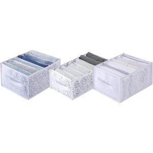 imageVercord Washable Pants Drawer Organizer Foldable Clothes Organizer Printing Wardrobe Storage Box 3 Pack for Underwear Socks Jeans White