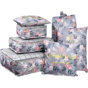 imageVercord 7 Pieces Travel Suitcase Luggage Organizer Packing Cubes with Waterproof Bags Light Grey Flower